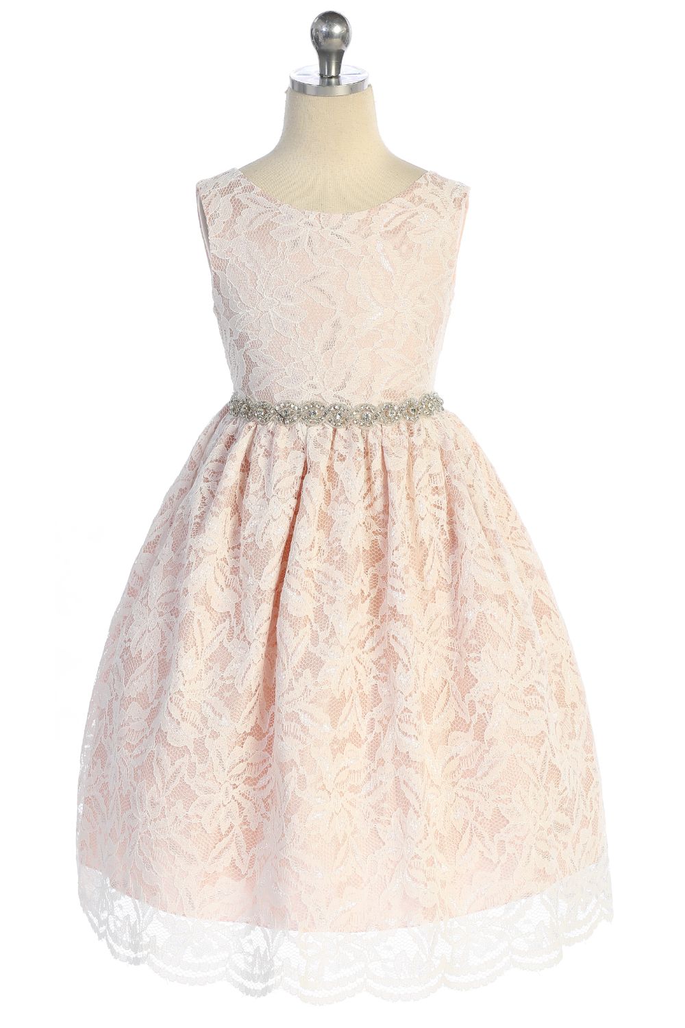All Lace Girls Dress with V Back & Bow and Rhinestone Trim 14 / Blush