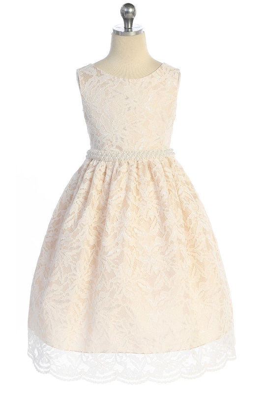Lace V Back Bow with Thick Pearl Trim Girl Party Dress by AS526-C Kids Dream - Girl Formal Dresses