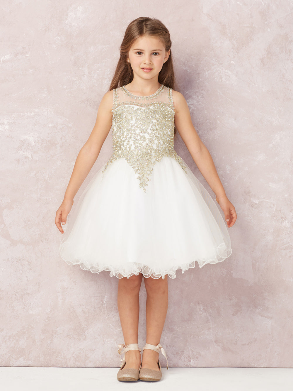 Ivory Girl Dress with Floral Applique Bodice - AS7013