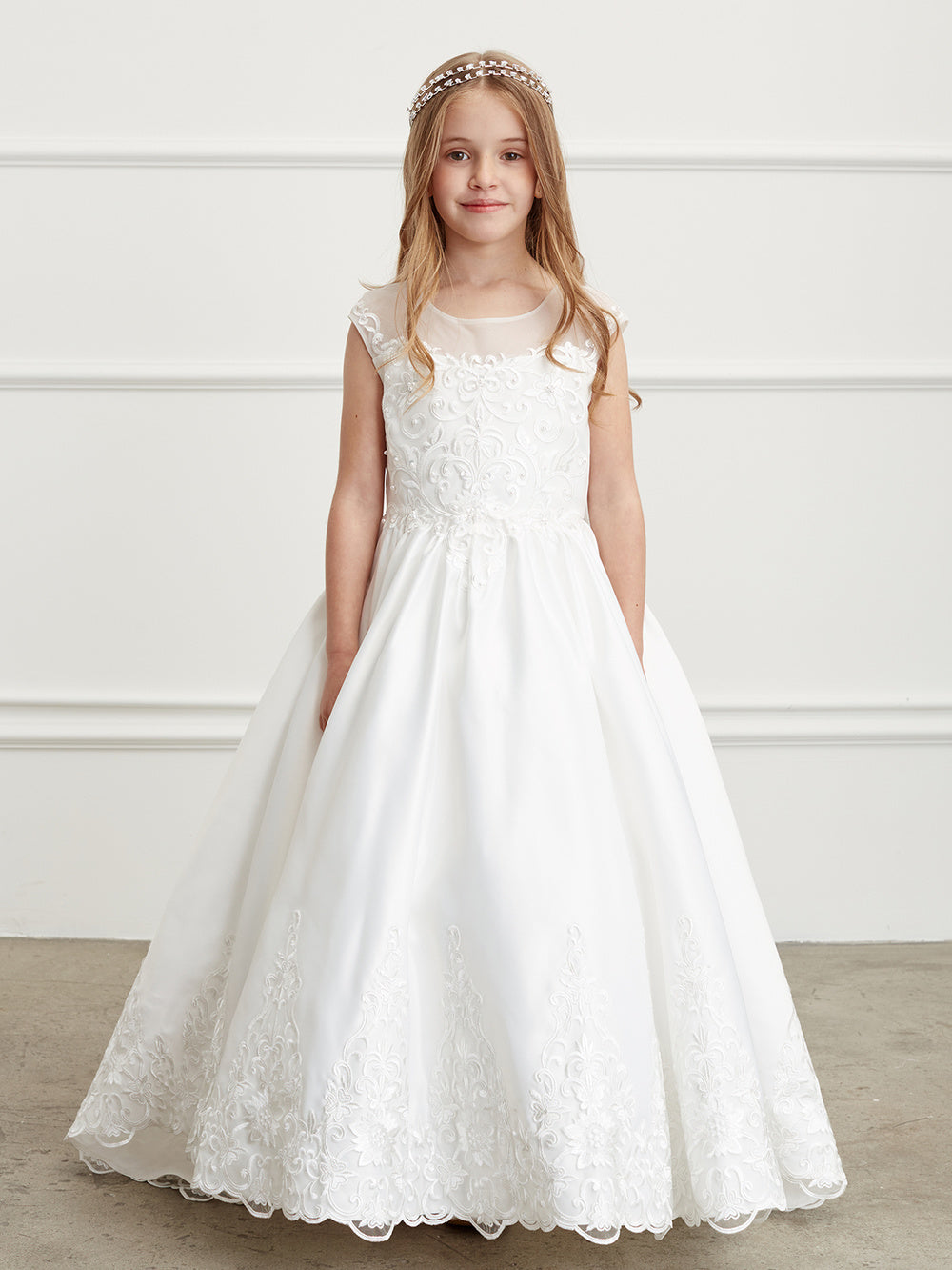 Ivory Girl Dress with Illusion Neckline Lace Bodice Dress - AS5828