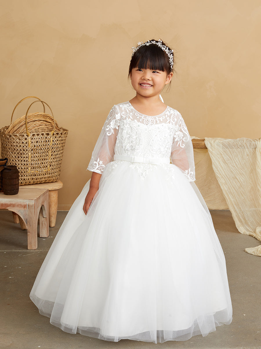 Ivory Girl Dress with Illusion Neckline and Applique Dress - AS5830