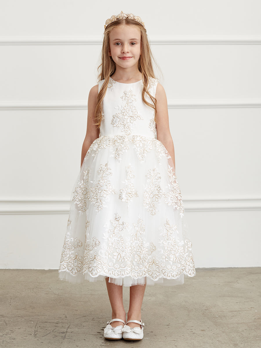 Ivory Girl Dress with Metallic Lace Embroidery Tulle Skirt Dress - AS5816
