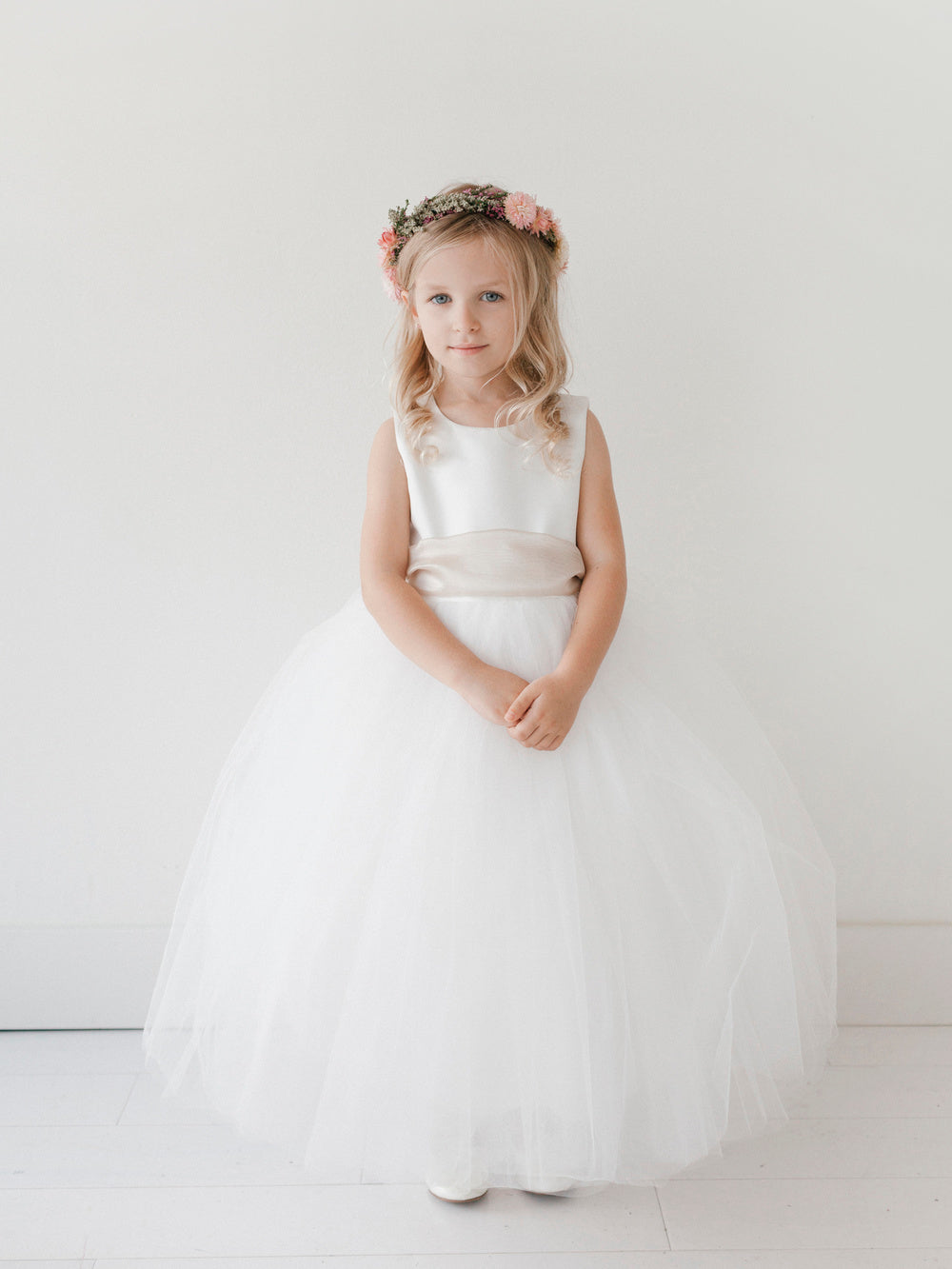 Ivory Girl Dress with Satin Bodice and Tulle Skirt Dress - AS5700
