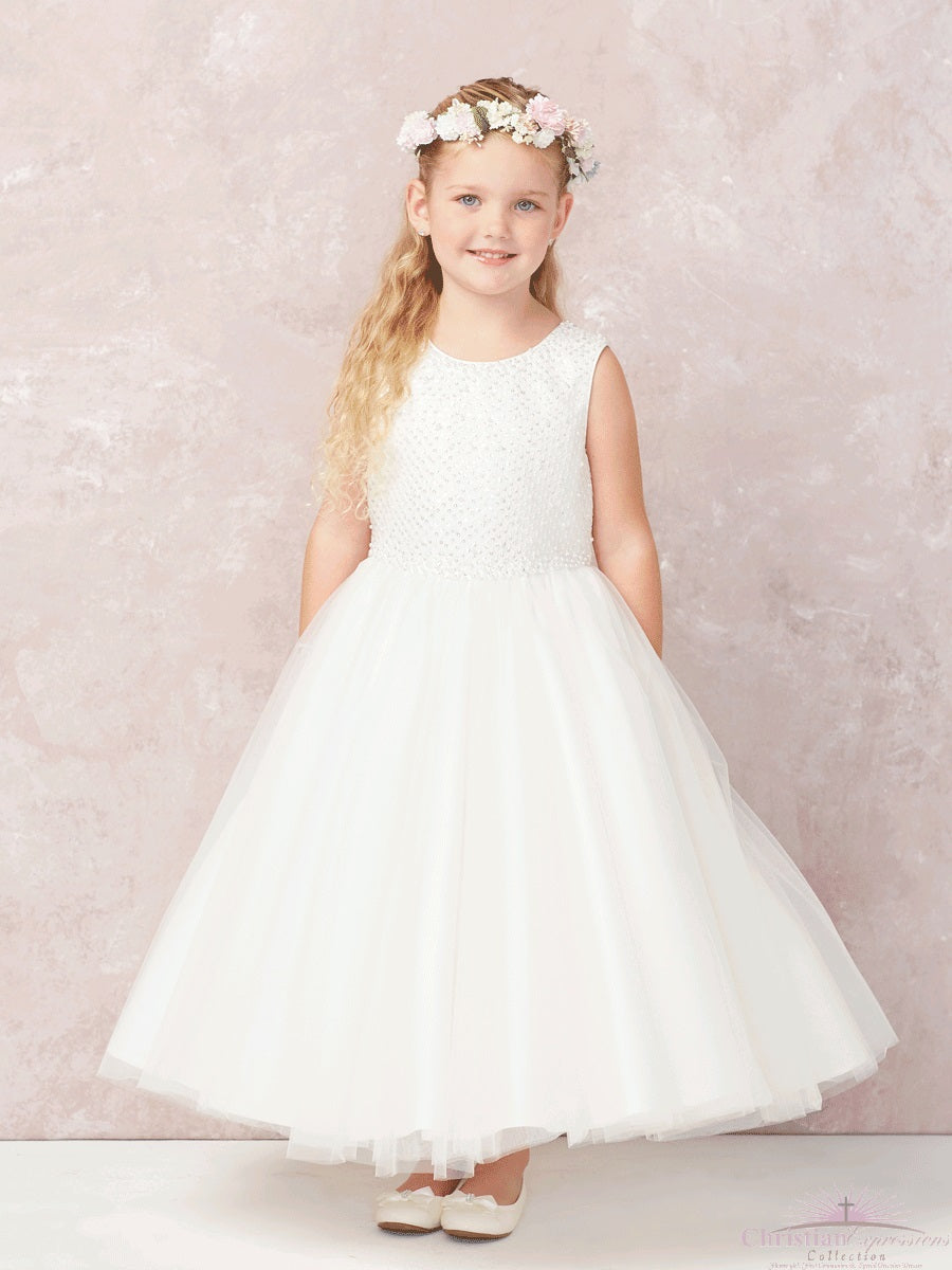 Ivory Girl Dress with Sequin and Tulle Skirt Dress - AS5752