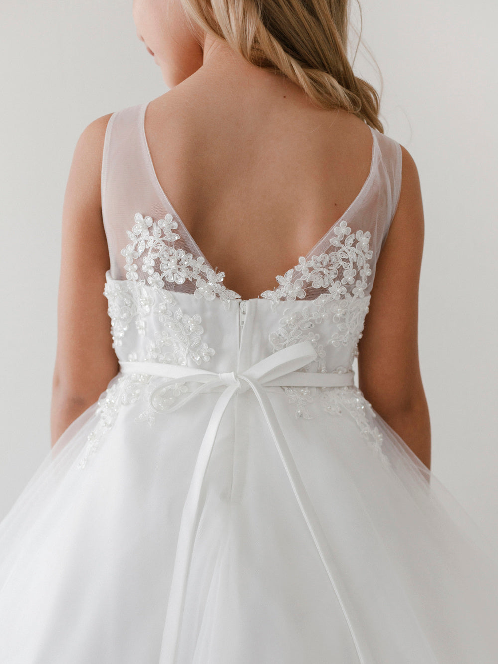 Ivory_1 Girl Dress with Lace V-Neckline Bodice - AS5719