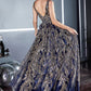 Floral Glitter Print Ball Gown by Cinderella Divine - J812 - Special Occasion/Curves