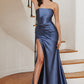 Lapis-blue Strapless Satin Sheath Slit Gown CH116 - Women Evening Formal Gown - Special Occasion-Curves
