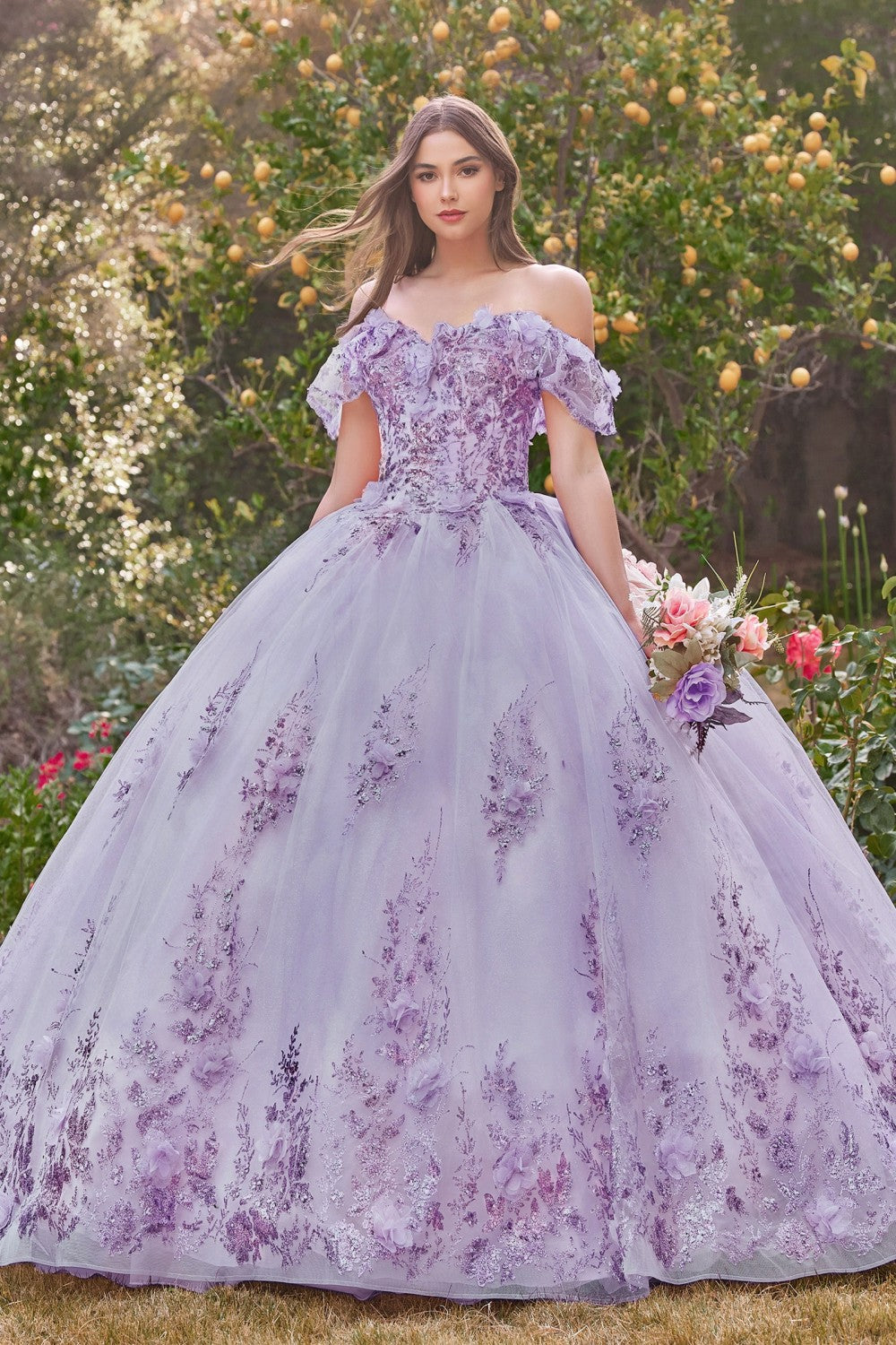 Lavender Floral Off The Shoulder Quinceanera Ball Gown 15701