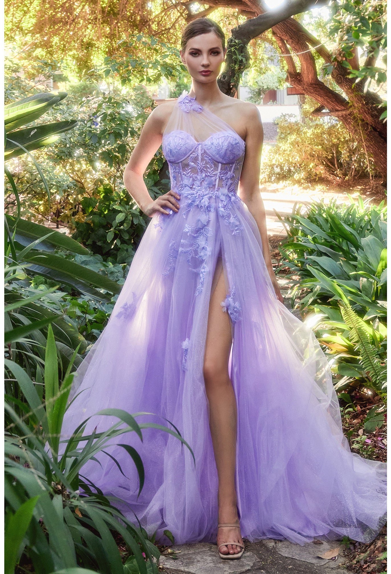 One Shoulder Illusion Tulle & Floral Bodice A-line Slit Gown by Andrea & Leo Couture A1053 LEILA GOWN - Special Occasion