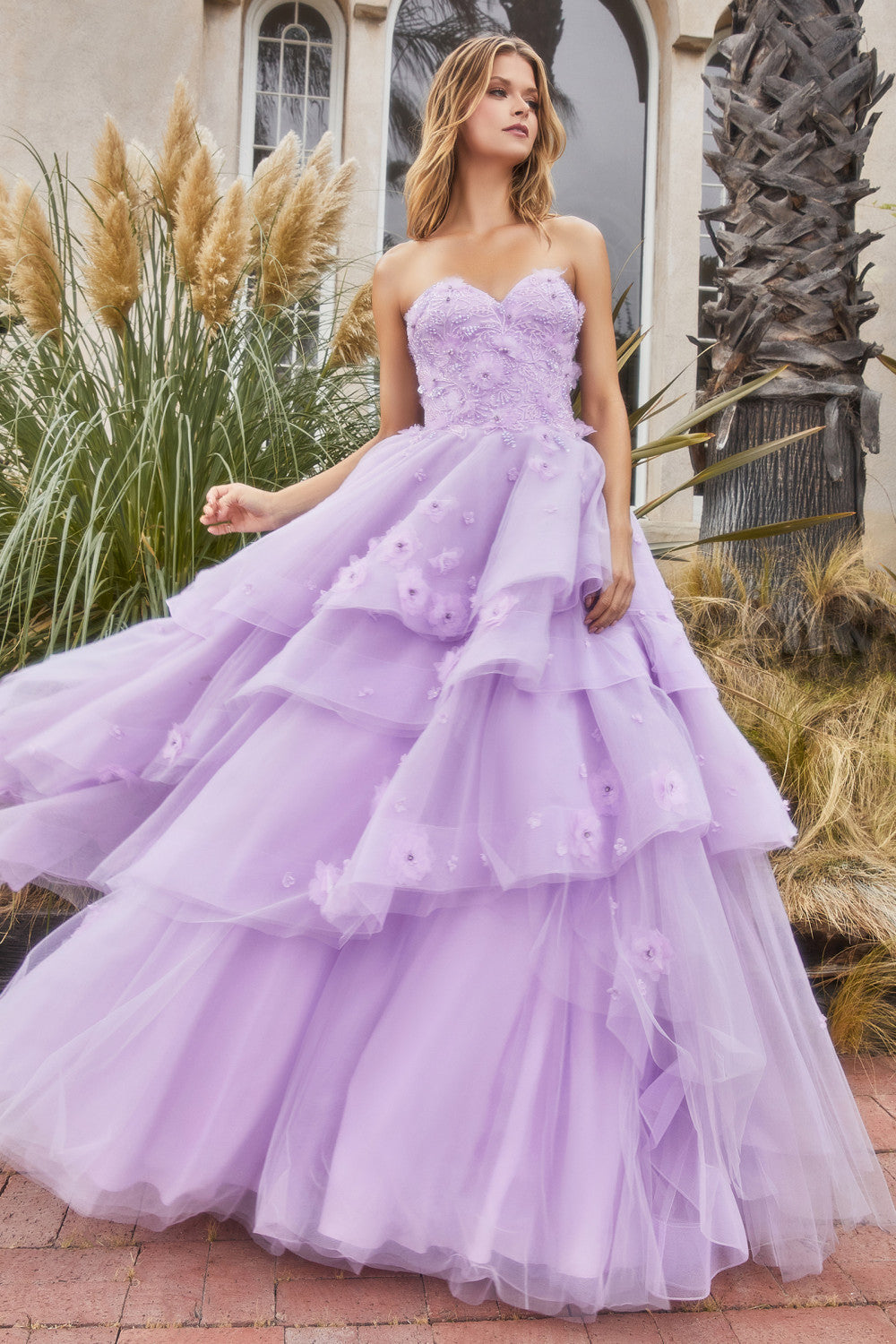 Lavender Strapless Peony Petal Layered Ball Gown Andrea & Leo Couture - A1220