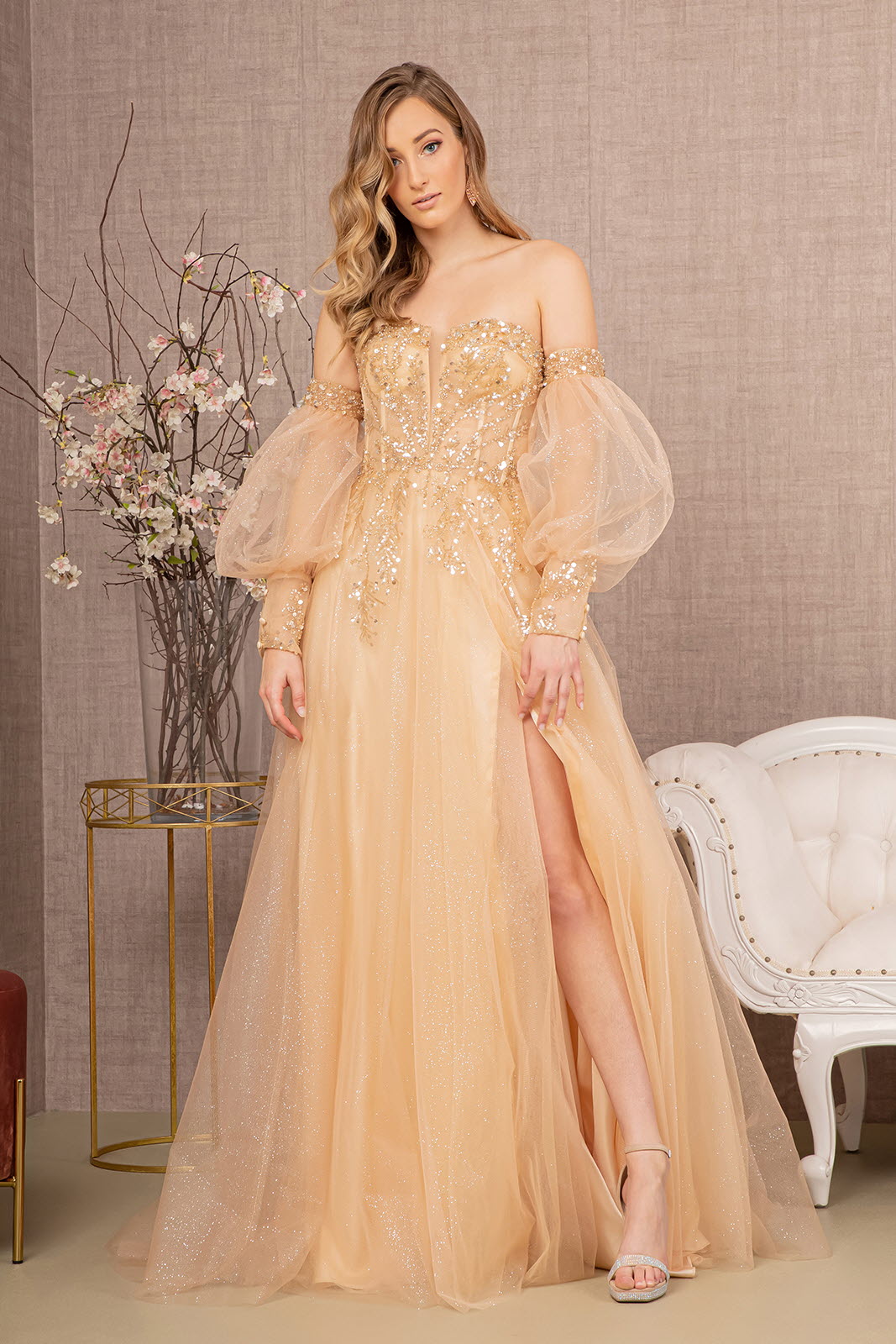 Glitter Puff Sleeve Slit Gown by GLS Gloria GL3118 Light Gold / 2XL