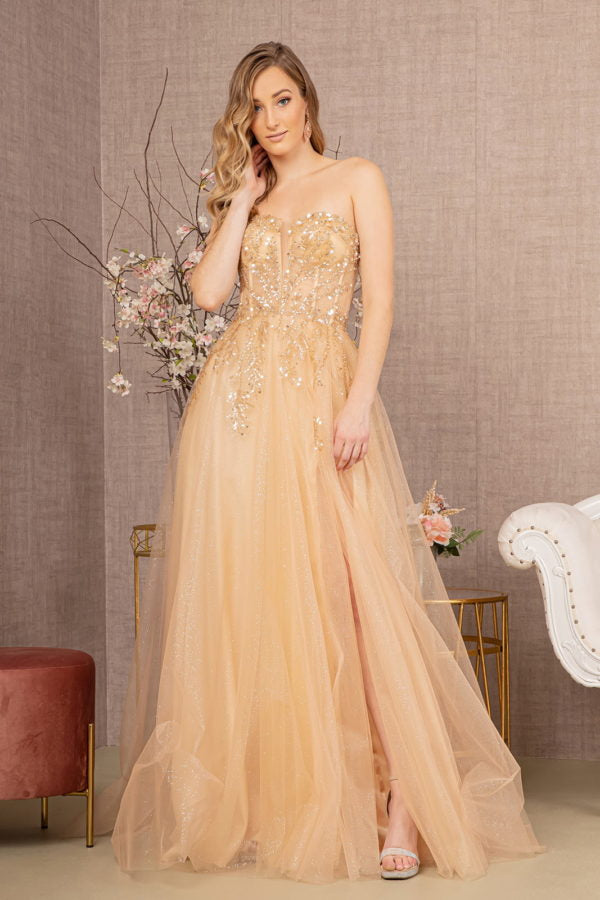 Light Gold_2 Sequin Sheer Bodice Sweetheart A-Line Dress GL3118 - Women Formal Dress -Special Occasion-Curves