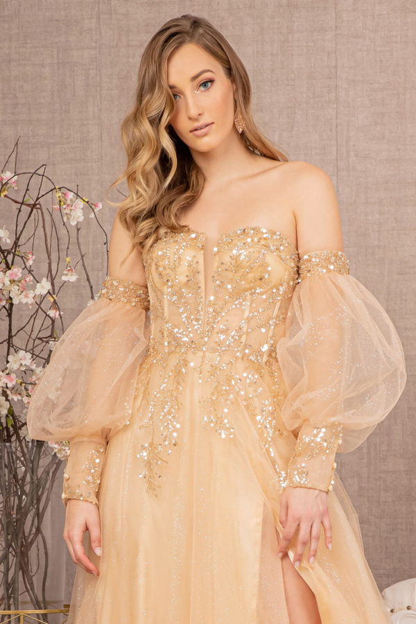 Light Gold_3 Sequin Sheer Bodice Sweetheart A-Line Dress GL3118 - Women Formal Dress -Special Occasion-Curves