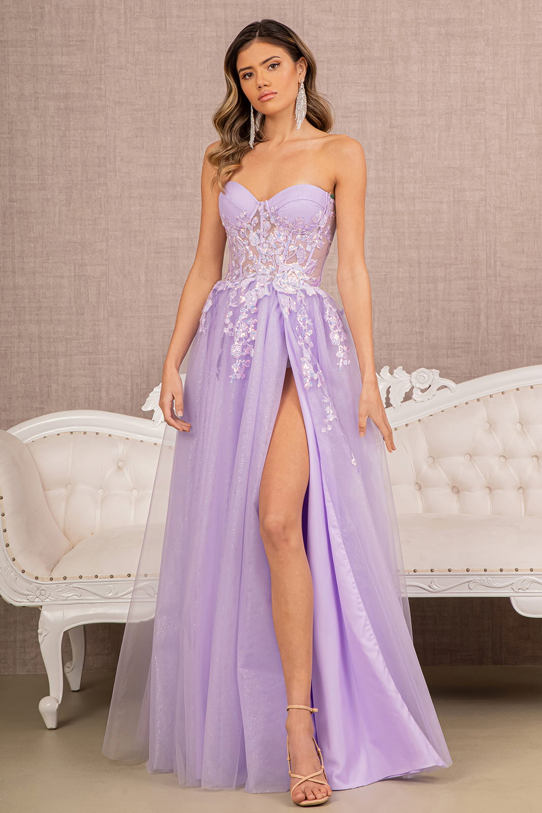 Lilac Embroidery Strapless A-Line Slit Women Formal Dress - GL3153 - Special Occasion-Curves