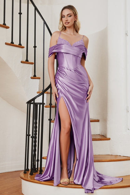 Off the Shoulder Fitted Satin Bustier Gown By Ladivine CC2197 - Women Evening Formal Gown Off the Shoulder Fitted Satin Bustier Gown By Ladivine CC2197 - Women Evening Formal Gown