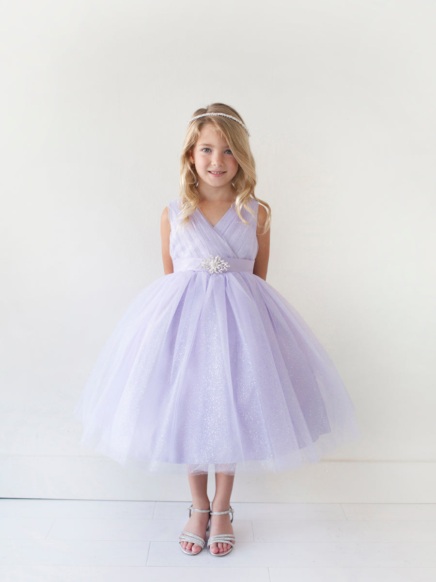 Lilac Girl Dress with Glitter V-Neck Tulle Dress - AS5698