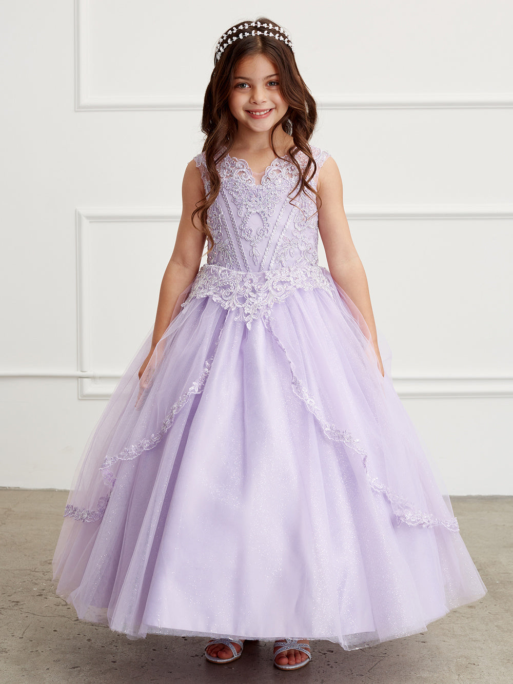 Lilac Girl Dress with Metallic Corded Lace Bodice - AS7028