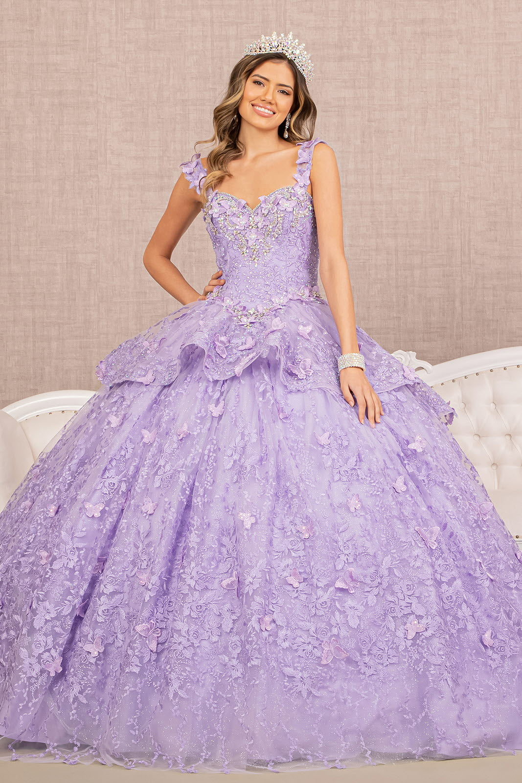 open lace back dress Off The Shoulder Jewel 3-D Butterfly Applique Sweetheart Quinceanera Dress by Elizabeth K
