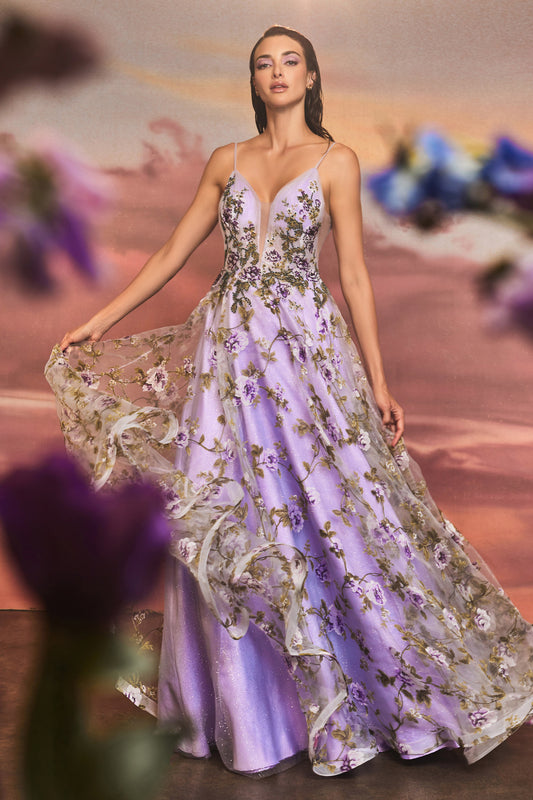 Lilac Organza Printed A-Line Gown A1135 Penelope Gown - Special Occasion