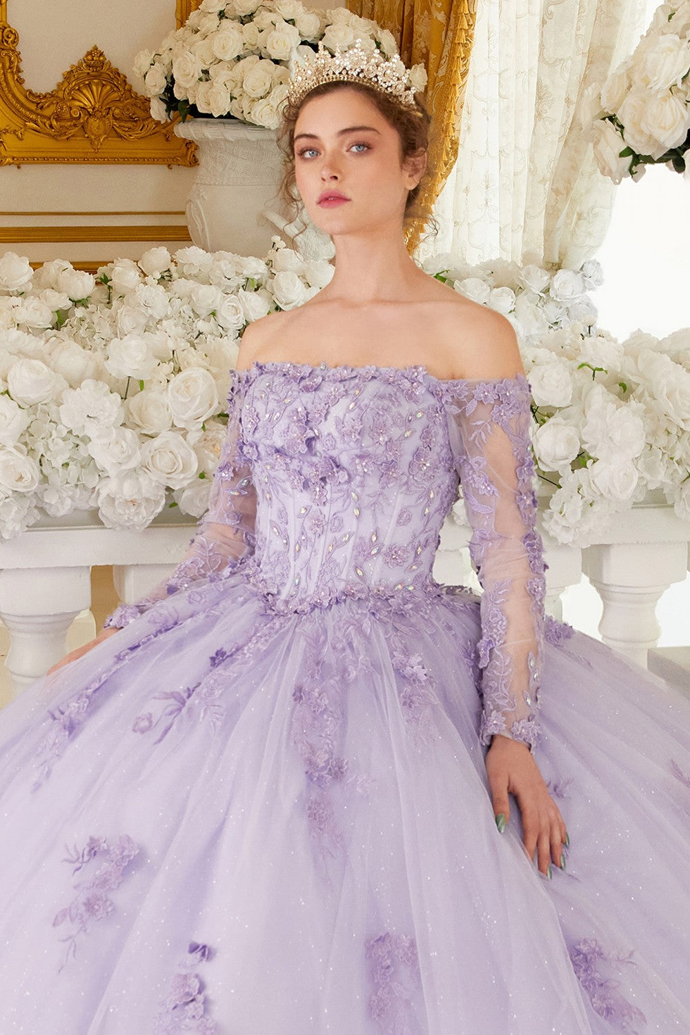 Lilac_2 Off The Shoulder Long Sleeve Quinceanera Ball Gown 15706