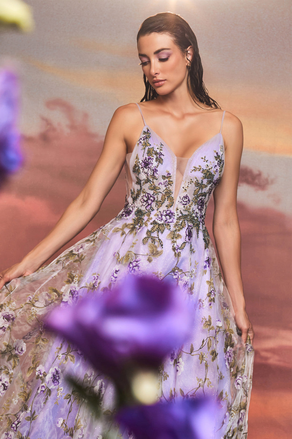 Lilac_2 Organza Printed A-Line Gown A1135 Penelope Gown - Special Occasion