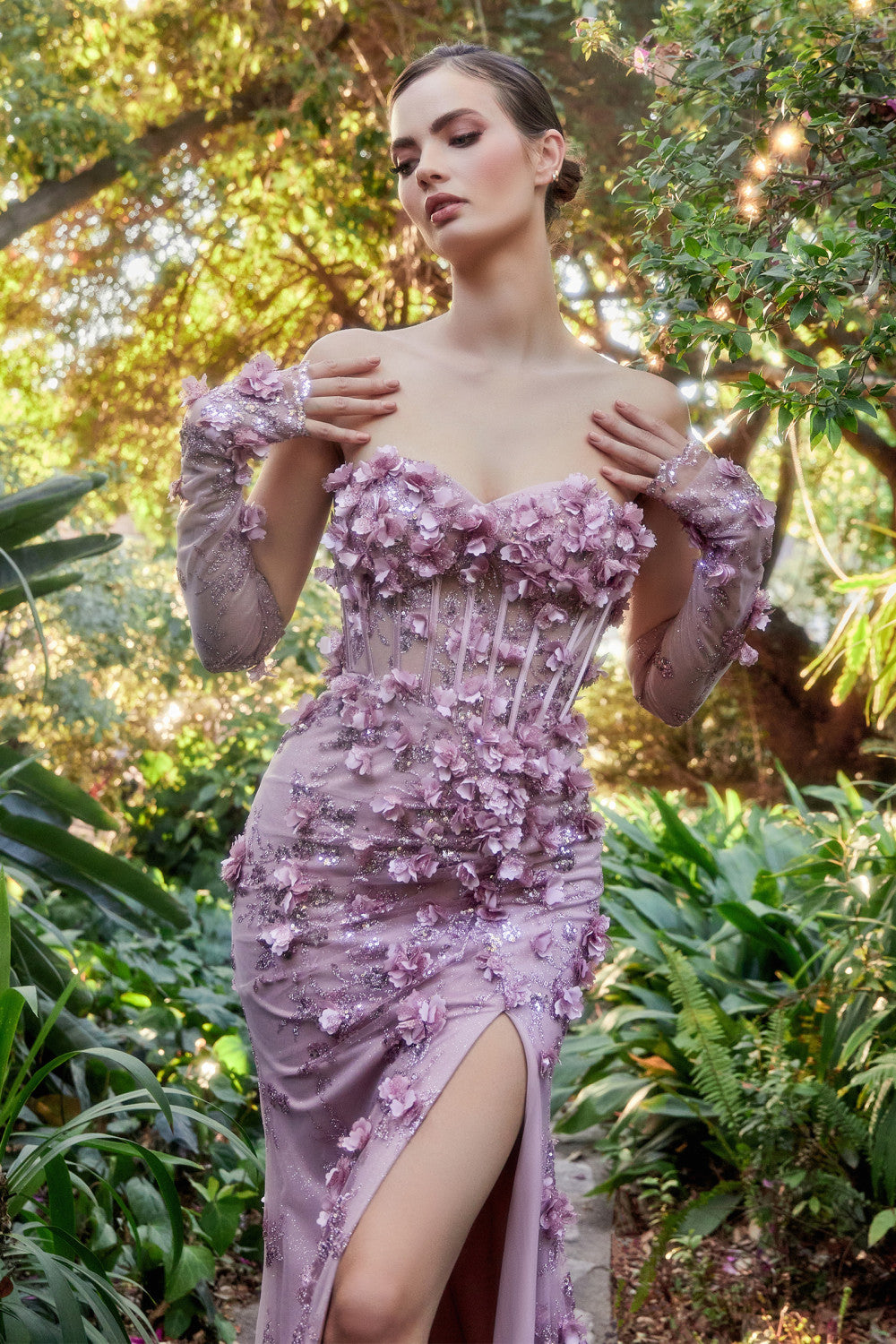 Corset Mermaid Slit Gown with Sleeves by Andrea & Leo Couture A1117