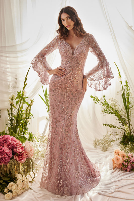 Mauve Flared Long Sleeve Mermaid Gown A1120 Penelope Gown - Special Occasion-Curves