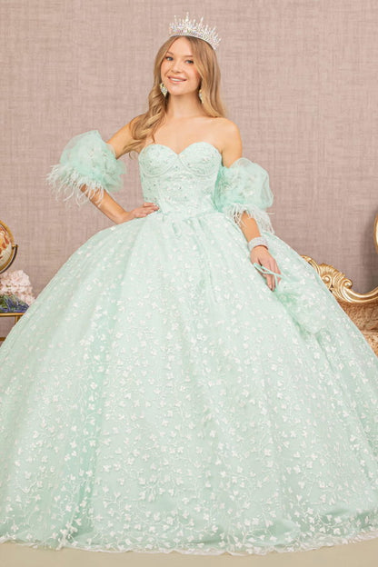 Mint Jewel Strapless Quinceanera Dress with Short Puff Sleeves - GL3176