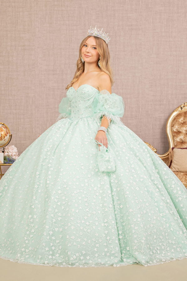 Mint_2 Jewel Strapless Quinceanera Dress with Short Puff Sleeves - GL3176