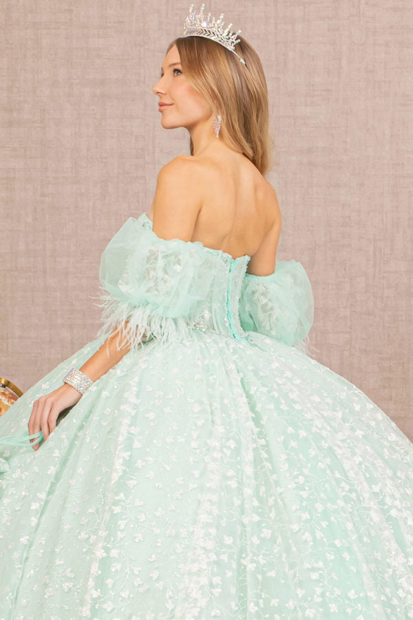 Mint_4 Jewel Strapless Quinceanera Dress with Short Puff Sleeves - GL3176