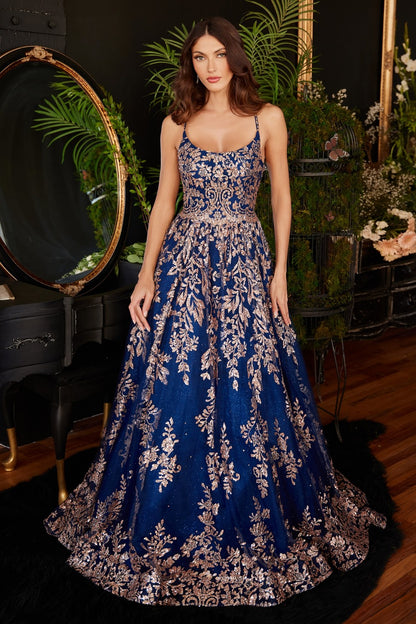 Navy-gold Floral Glitter Print Ball Gown CM323 - Women Evening Formal Gown - Special Occasion