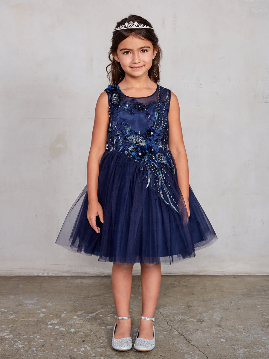 Navy Blue Girl Dress with Flowers Rhinestone Bodice - AS7027
