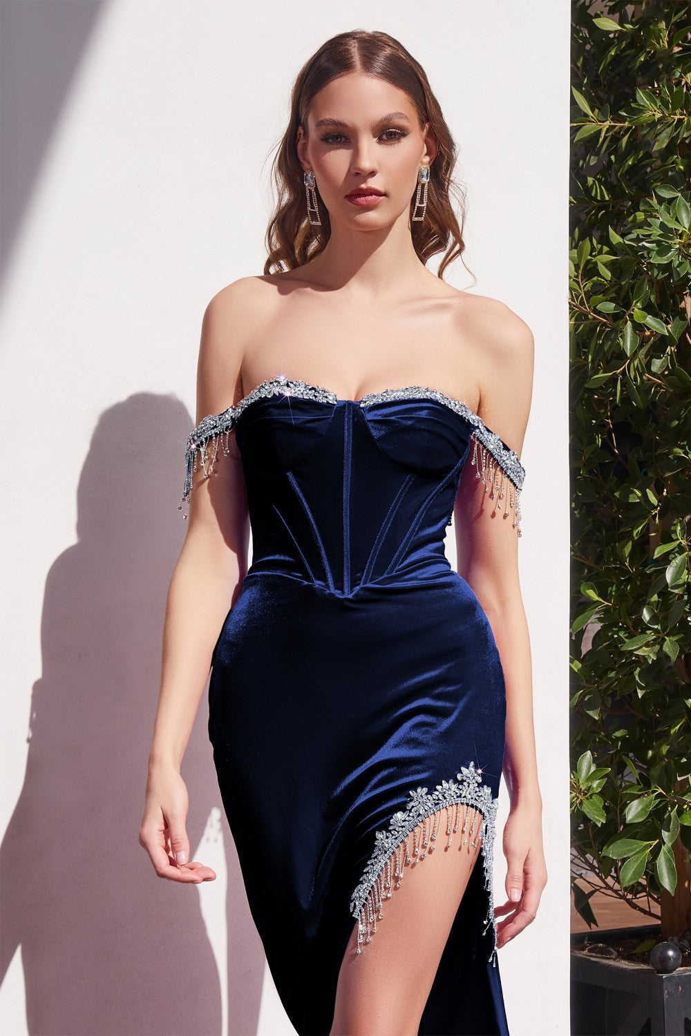 Velvet Gathered Fitted Corset Slit Women Evening Formal Gown By