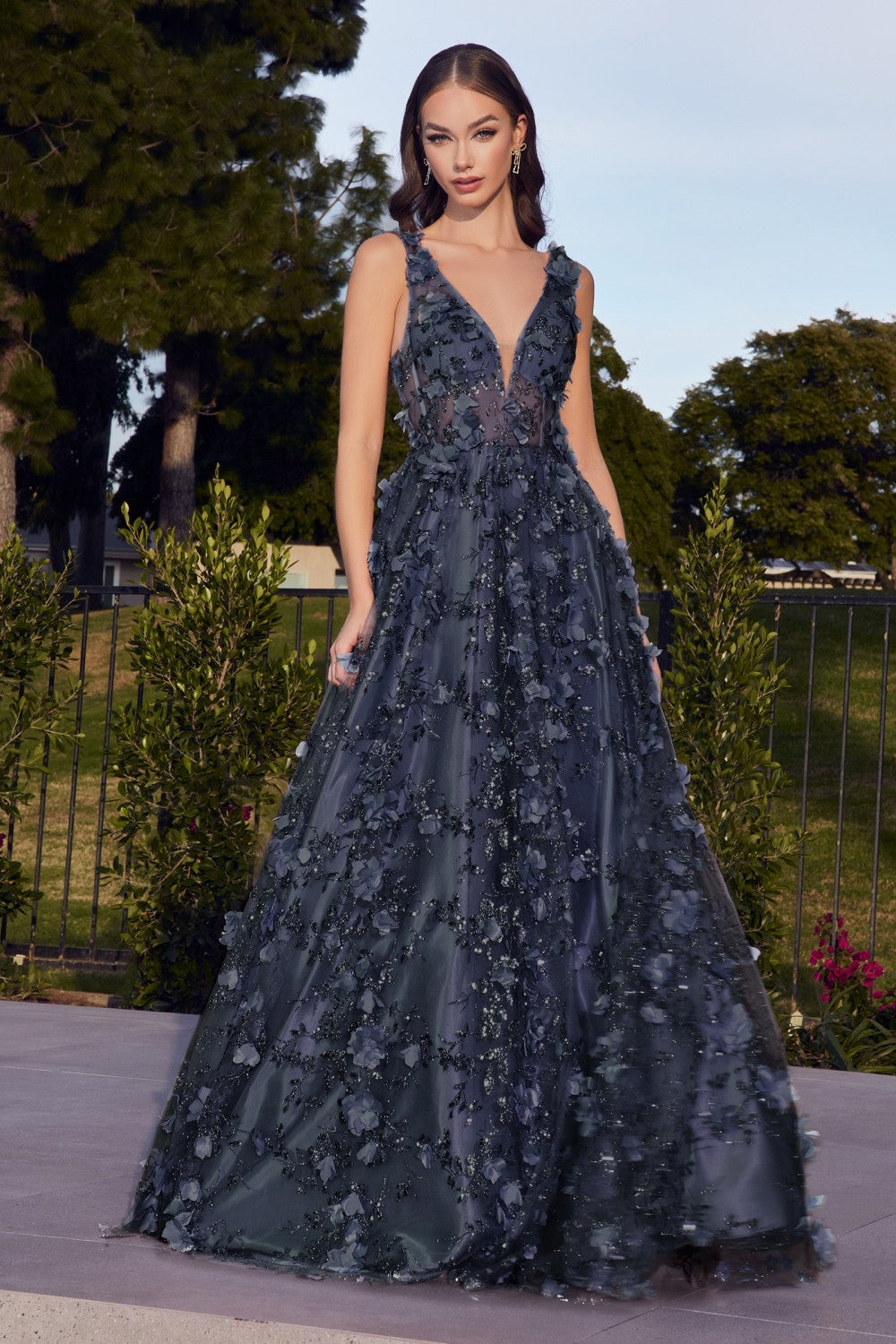 Navy Floral A-Line Ball Gown J838 - Women Evening Formal Gown - Special Occasion-Curves