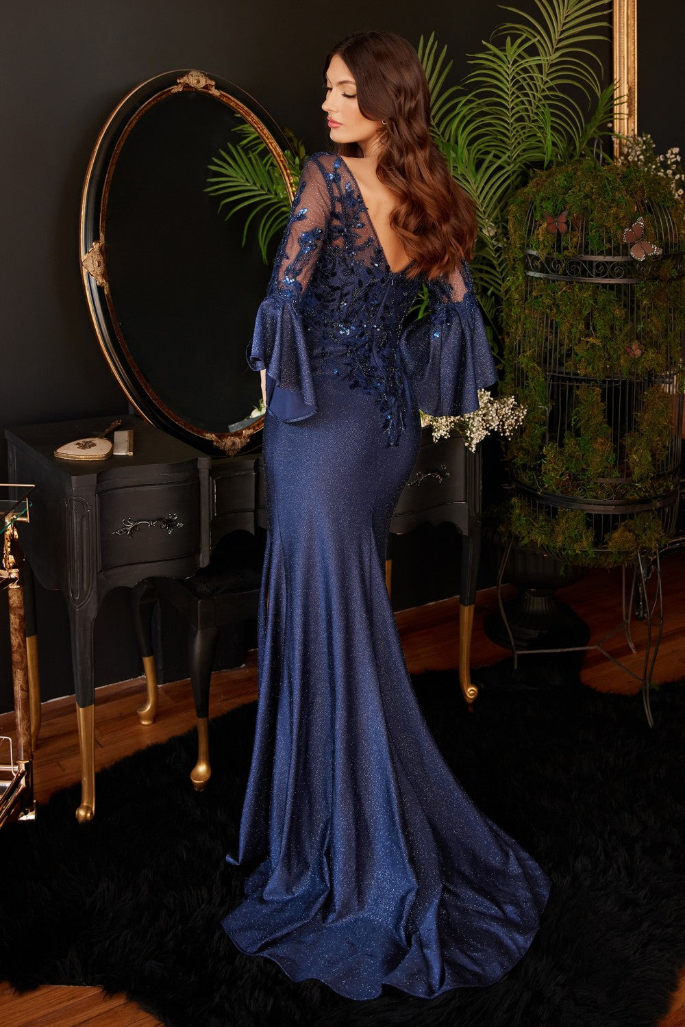Navy_1 Bell Sleeve Satin Slit Gown 9247 - Women Evening Formal Gown - Special Occasion-Curves