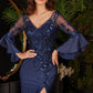 Navy_2 Bell Sleeve Satin Slit Gown 9247 - Women Evening Formal Gown - Special Occasion-Curves
