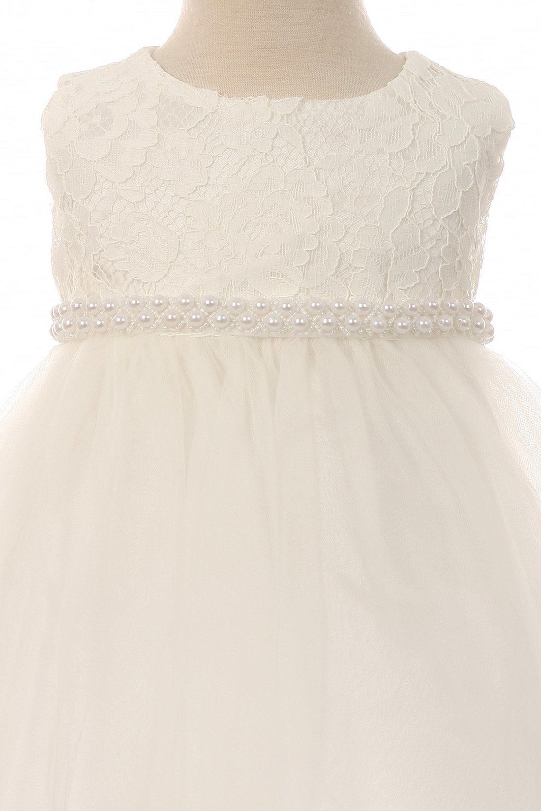 Lace Illusion Baby Dress with Thick Pearl Trim S-6M / Off-White