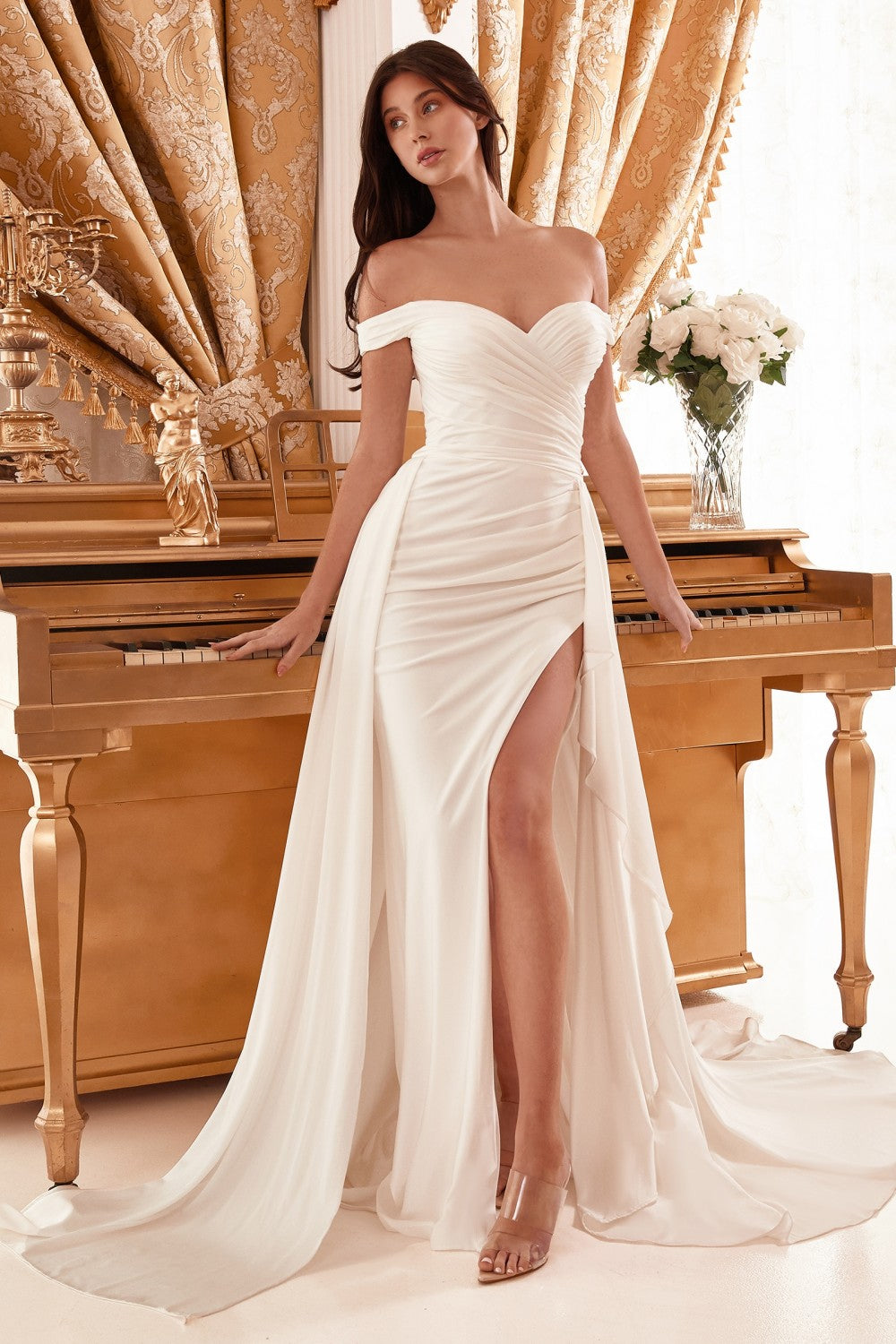 Off The Shoulder Draped Bridal Gown with Overskirt by Ladivine WN315 – Ariststyles