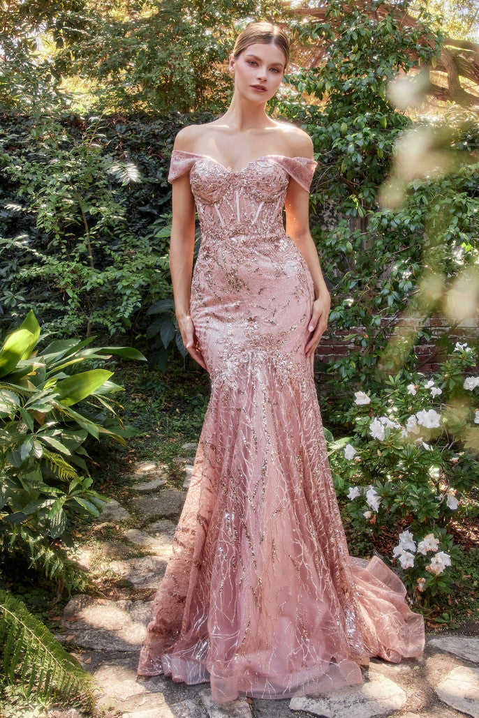 Off the Shoulder Lace & Tulle Corset Bodice Mermaid Gown - Andrea & Leo Couture A1107  - Special Occasion