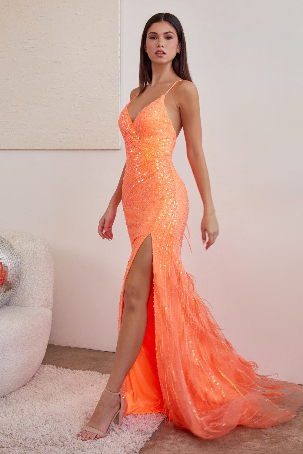 Orange V-Neck Feather Applique Slit Gown CD0209 - Women Evening Formal Gown - Special Occasion