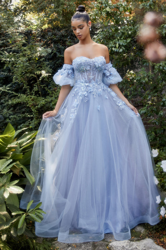 Paris-blue Floral Strapless Ball Gown A1108 Penelope Gown - Special Occasion