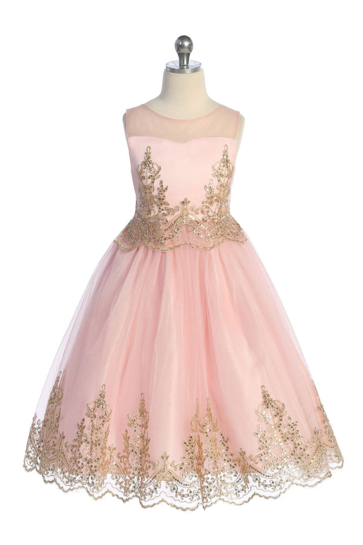 Embellished Gold Cording Embroidered Girls Dress 4 / Pink