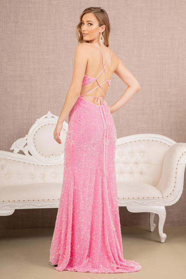 Pink_1 Embroidery Sequin Velvet Mermaid Slit Women Formal Dress - GL3142 - Special Occasion-Curves