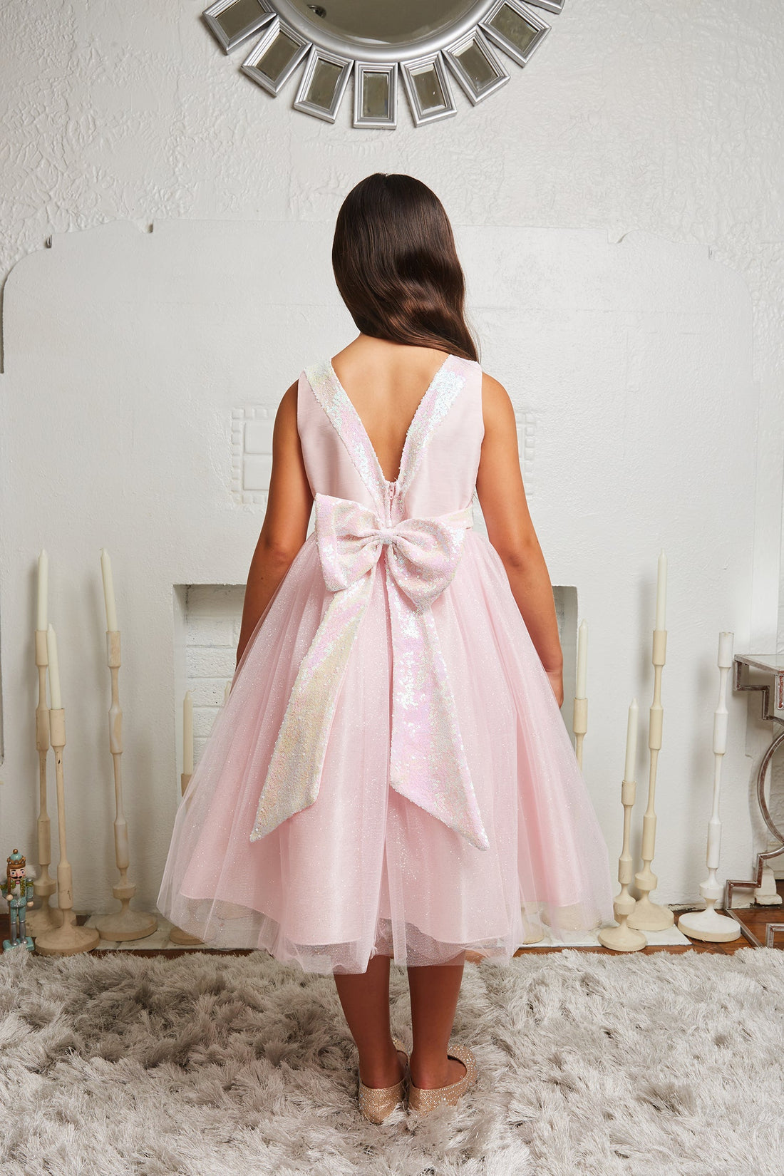 Pink_1 Girl Dress - Pink Sequin Back V Bow Dress - AS498 Kids Dream