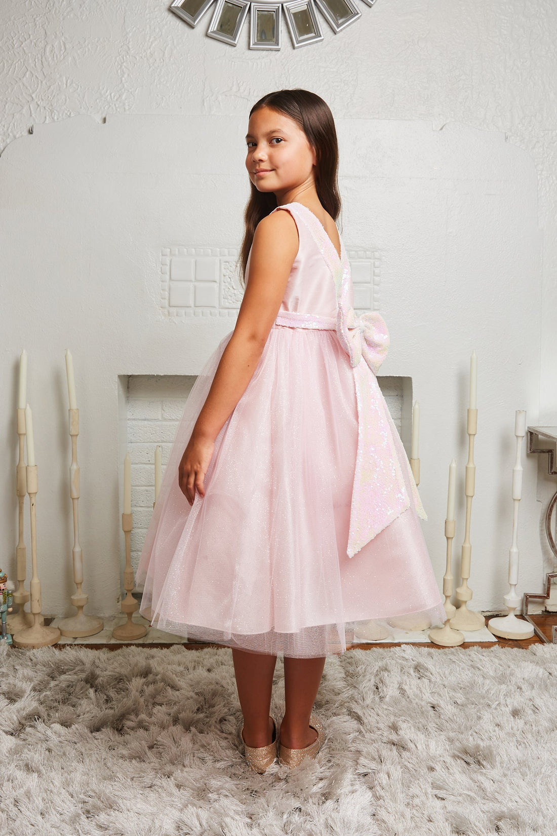 open lace back dress Kids Dream 498 Baby Pink Dupioni Tulle Dress w/ Pink Iridescent Sequins V-Back and Bow - Size: 14.5