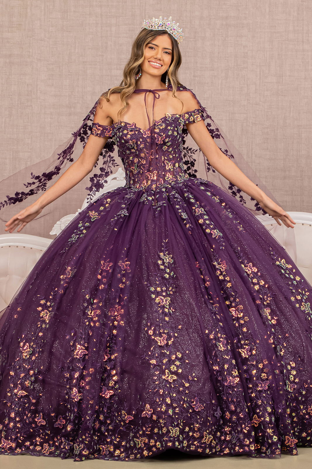 Purple Off Shoulder 3-D Butterfly Sheer Bodice Quinceanera Dress with Long Mesh Cape - GL3171
