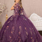 Purple_1 Off Shoulder 3-D Butterfly Sheer Bodice Quinceanera Dress with Long Mesh Cape - GL3171