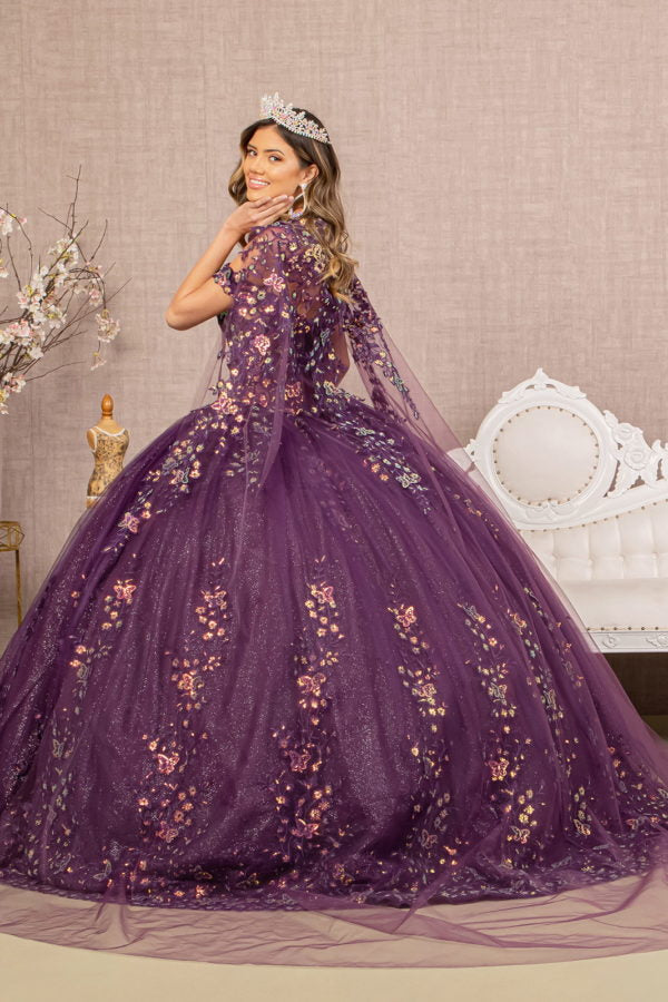 Purple_1 Off Shoulder 3-D Butterfly Sheer Bodice Quinceanera Dress with Long Mesh Cape - GL3171