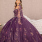 Purple_2 Off Shoulder 3-D Butterfly Sheer Bodice Quinceanera Dress with Long Mesh Cape - GL3171