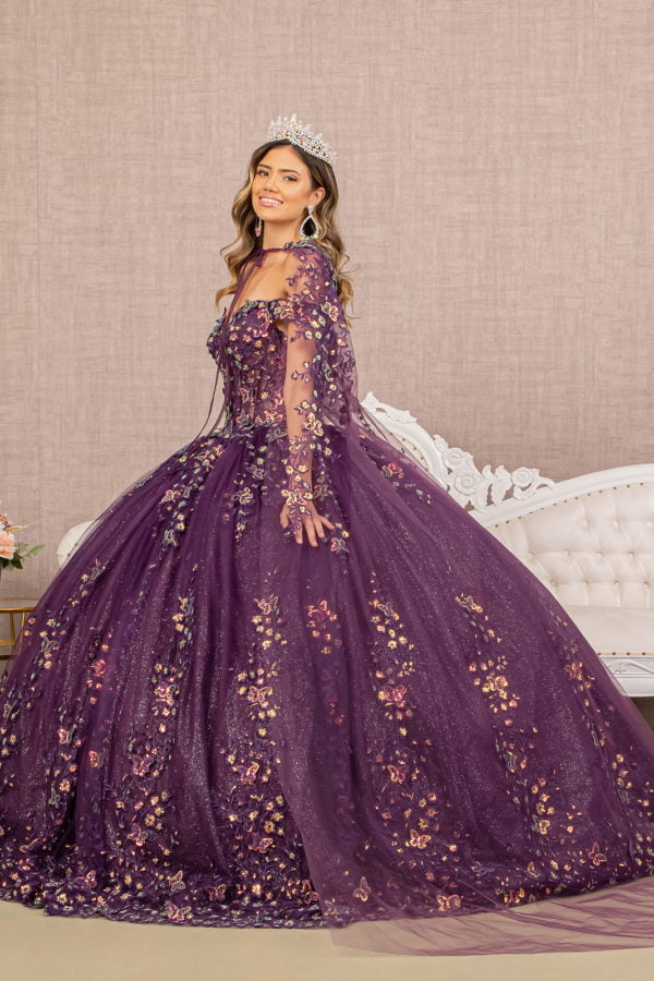 Purple_2 Off Shoulder 3-D Butterfly Sheer Bodice Quinceanera Dress with Long Mesh Cape - GL3171